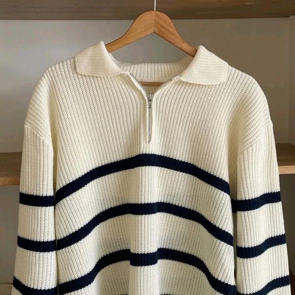 Men Striped Pattern Polo Neck Fall Sweater Without Tee - Picture 3 of 7